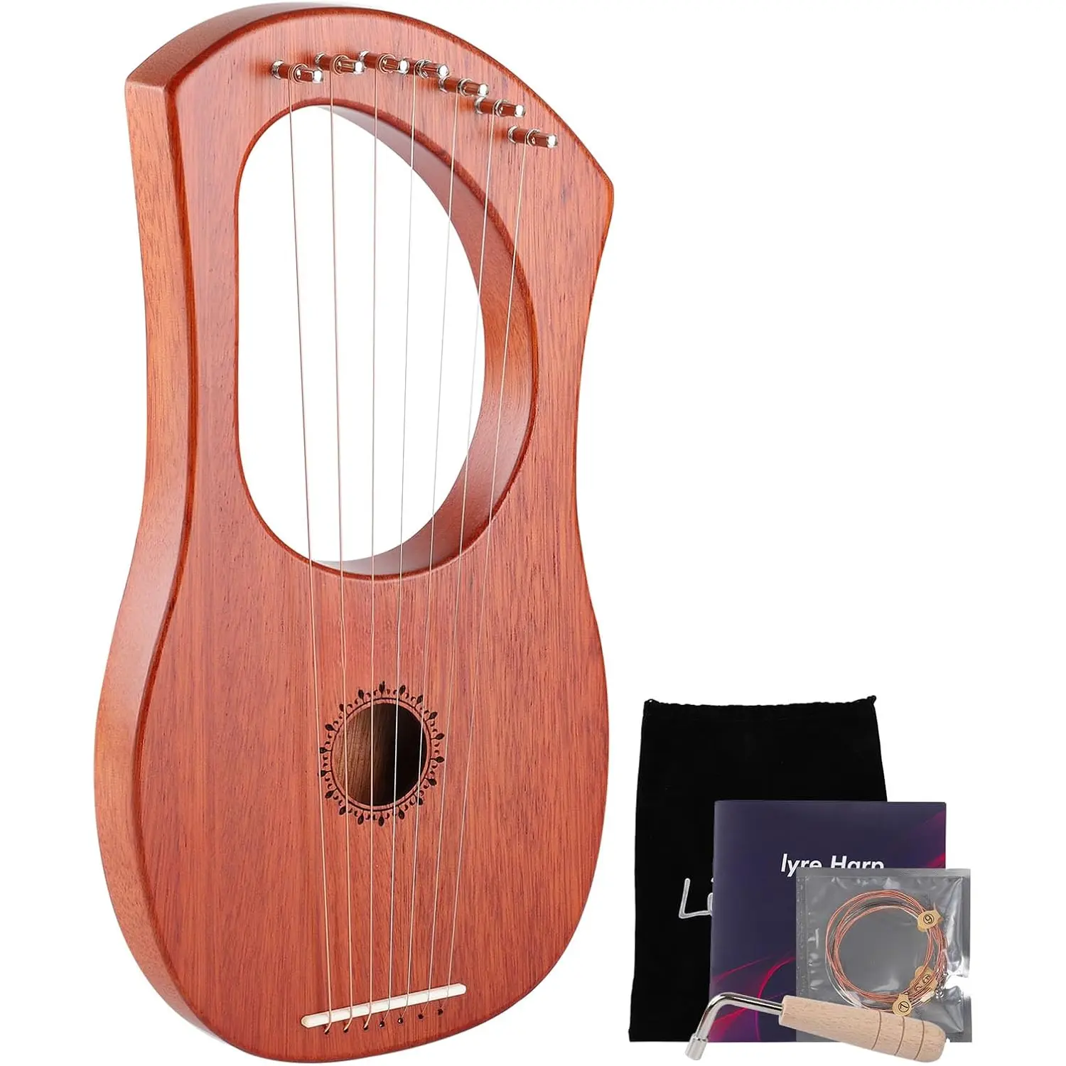 7 String Lyre Harp Instrument with Tuning Wrench,Metal Strings,Bag, Mahogany  and  Saddle,Lyre Harp Kit  for  Adults Beginner