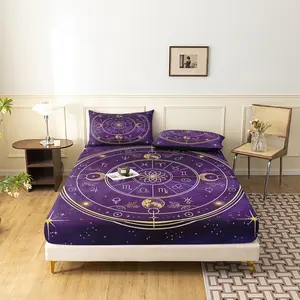3Pcs Purple Gold Zodiac Wheel Fitted Sheet Set, Celestial Astrology Bed Sheets with Pillowcases, Witchy Boho Aesthetic Bedding for Bedroom(1 Fitted Sheet + 2 Pillowcase No Pillow)