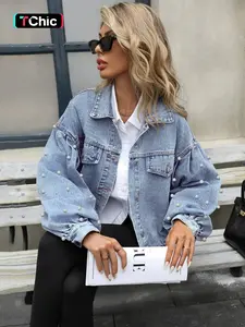 Women's Elegant Loose Fit Collared Denim Jacket, Embroidered Beaded Sleeves, Button Fly Closure, Casual Outwear for Spring & Fall