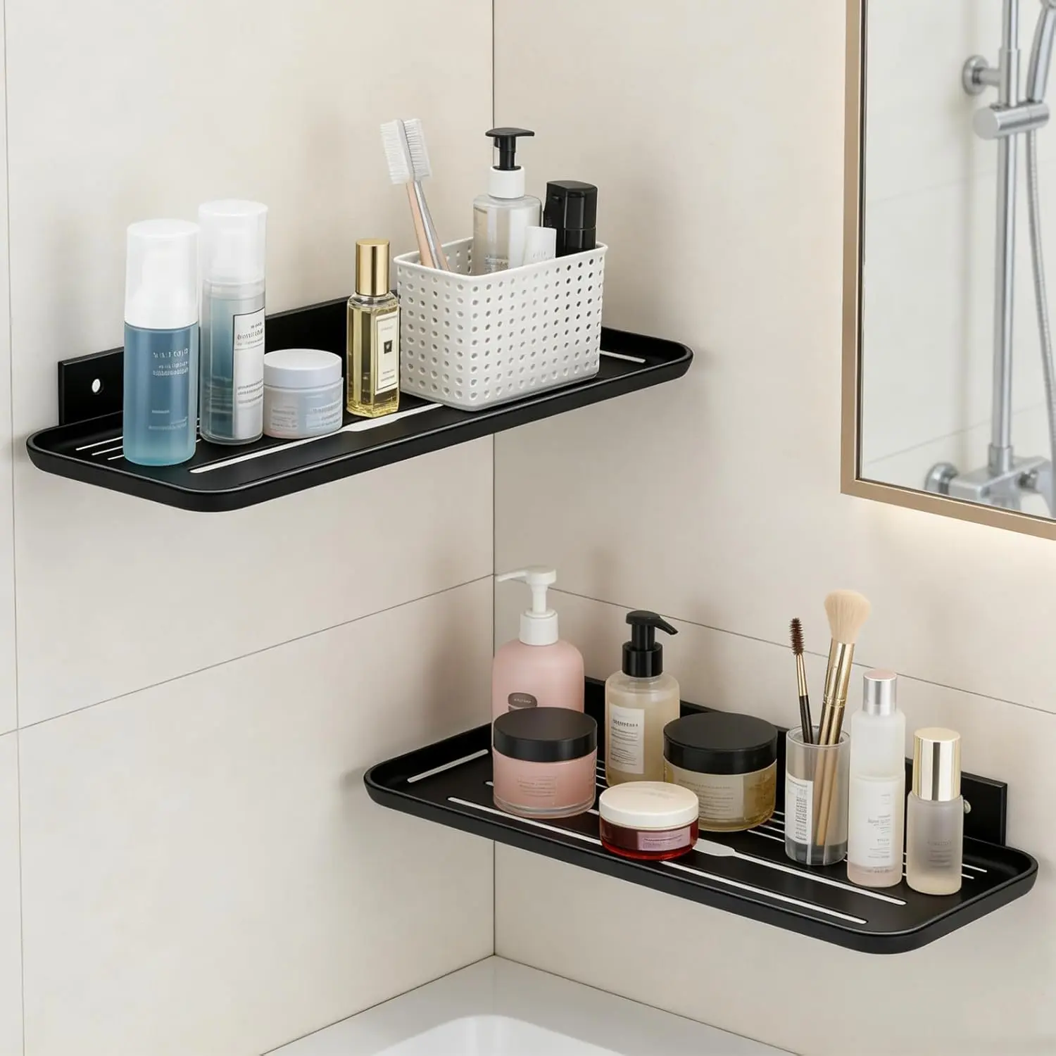 Floating Shelves No Drill  Bathroom, Self Adhesive Wall Mounted Shelf, Adhesive Wall Shelf, Damage-Free Expand Walls Space for Living Room Kitchen Bathroom (2, Black)