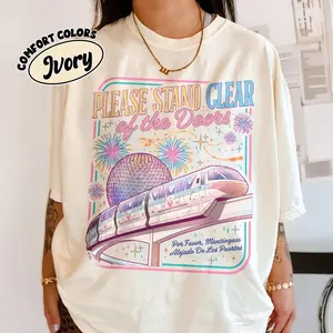 Comfort Colors Please Stand Clear Of The Doors Shirt, Retro Monorail Tee, Magic Family Trip Outfit, Funny Theme Park Vacation, Oversized Top