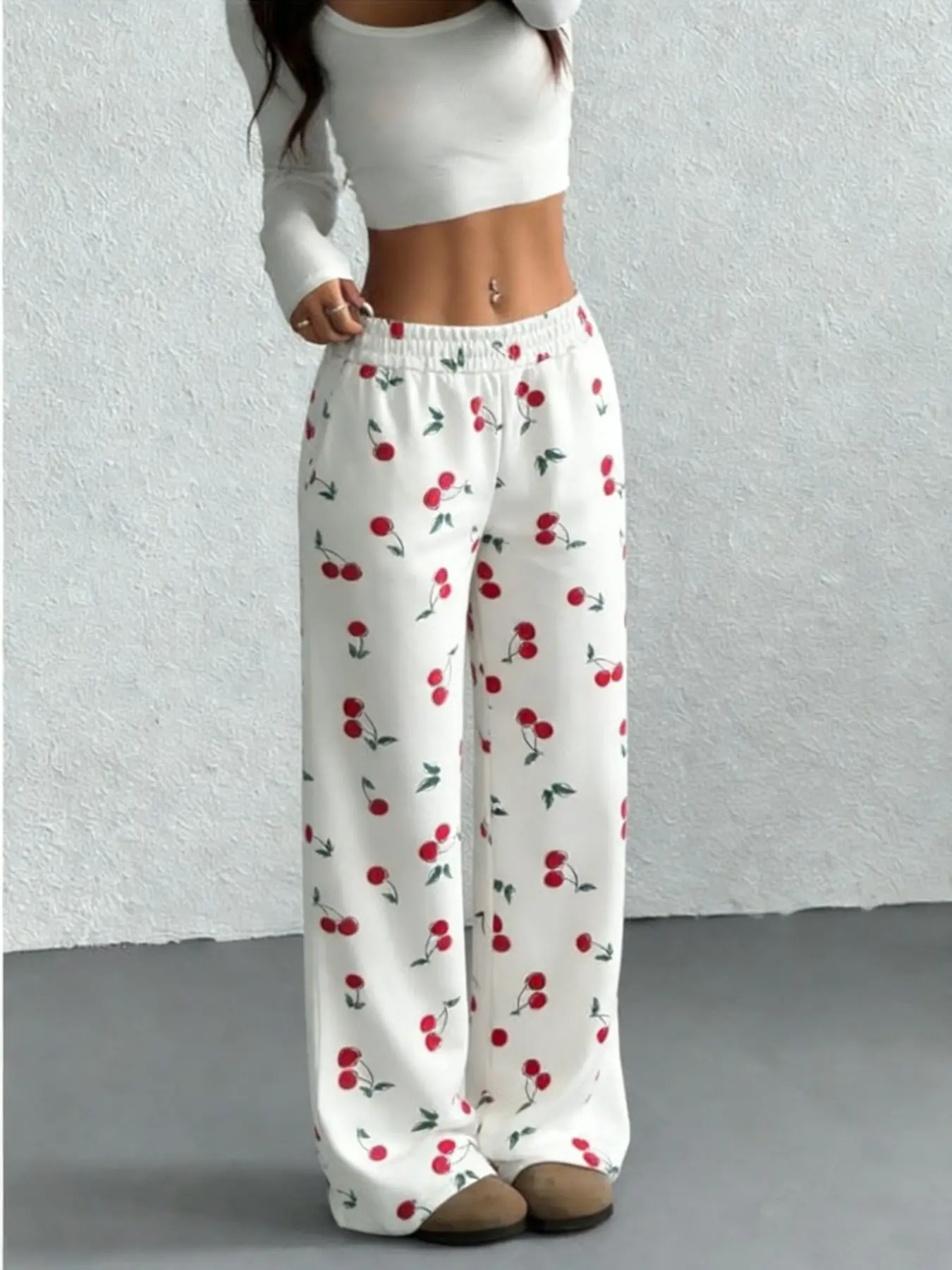 High-Waisted Cherry Print Wide-Leg Pants for Women | Light Soft Fabric Elastic Waist Casual Trousers | Loose Fit Daily Streetwear | Single Piece | White & Red Cherry Pattern Style