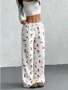 High-Waisted Cherry Print Wide-Leg Pants for Women | Lightweight Soft Fabric Elastic Waist Casual Chic Trousers | Loose Fit Daily Streetwear | Single Piece | White & Red Cherry Pattern Style