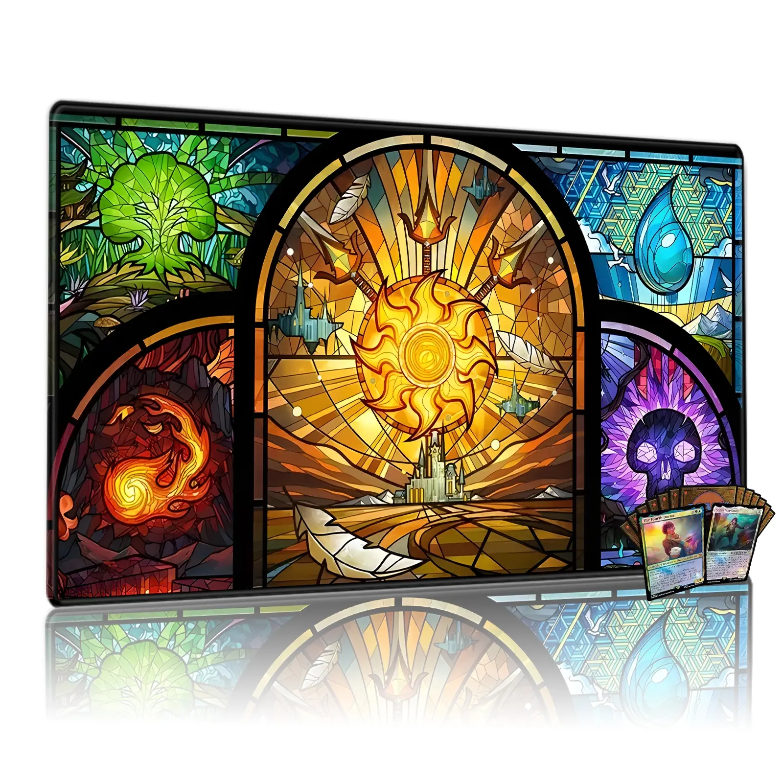 Stained Glass Five Elements Playmat for Mtg, 24x14 Inch Tcg & Board Game Mat, Sun & Castle Art Design, Perfect Gift for Alchemy Myth Fans, Rubber Mat
