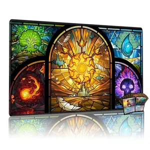 Stained Glass Five Elements Playmat for Mtg, 24x14 Inch Tcg & Board Game Mat, Sun & Castle Art Design, Perfect Gift for Alchemy Myth Fans