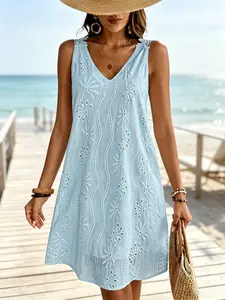 Women's Loose-Fitting Casual Solid Color V-Neck Lace Sleeveless A-Line Mid-Length Cover Up Dress - Elegant, Fashionable for Spring, Summer Use