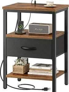 Rustic Brown and Black 3-Tier Rectangular Classic Oak Wood Charge-Ready Storage Nightstand, with Adjustable Fabric Drawer, Bedroom Bedside Table, Living Room End Table