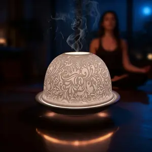 1PC Porcelain 3D Projection Candelabra - Floral & Vine Carved Dome, Lampshade & Plate | Tea Candle Holder for Living Room, Dining Table Home Decor & Outdoor Campsite Aromatic Ambiance, Perfect Gift