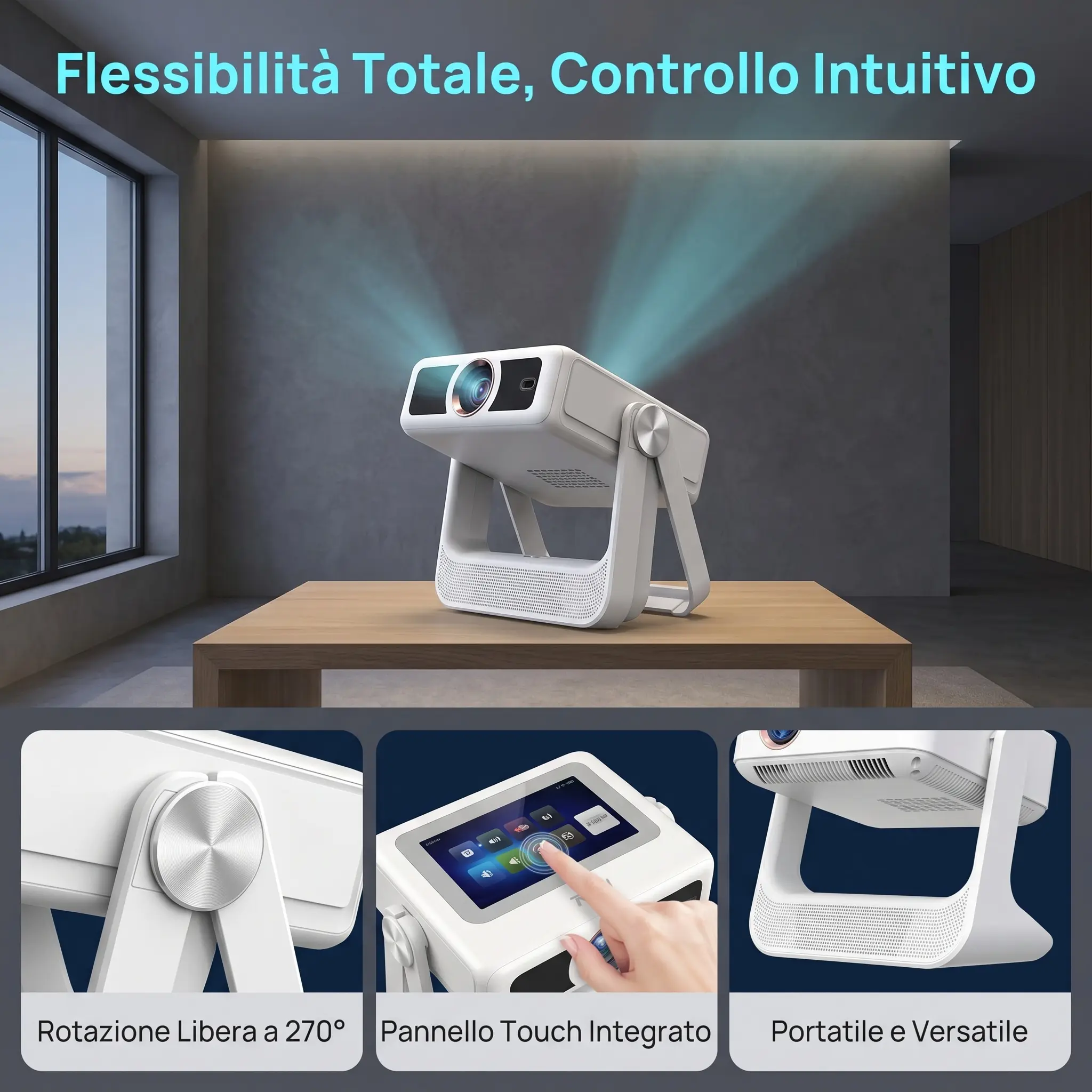XBJ Smart Portable Projector with Touch Tablet, 4K Support Outdoor Proyector, WiFi6 Bluetooth for Home Theater/Gaming/Outdoor (270° Stand & 250") Lcd Audio Lcd Audio Automatic Noise Space video