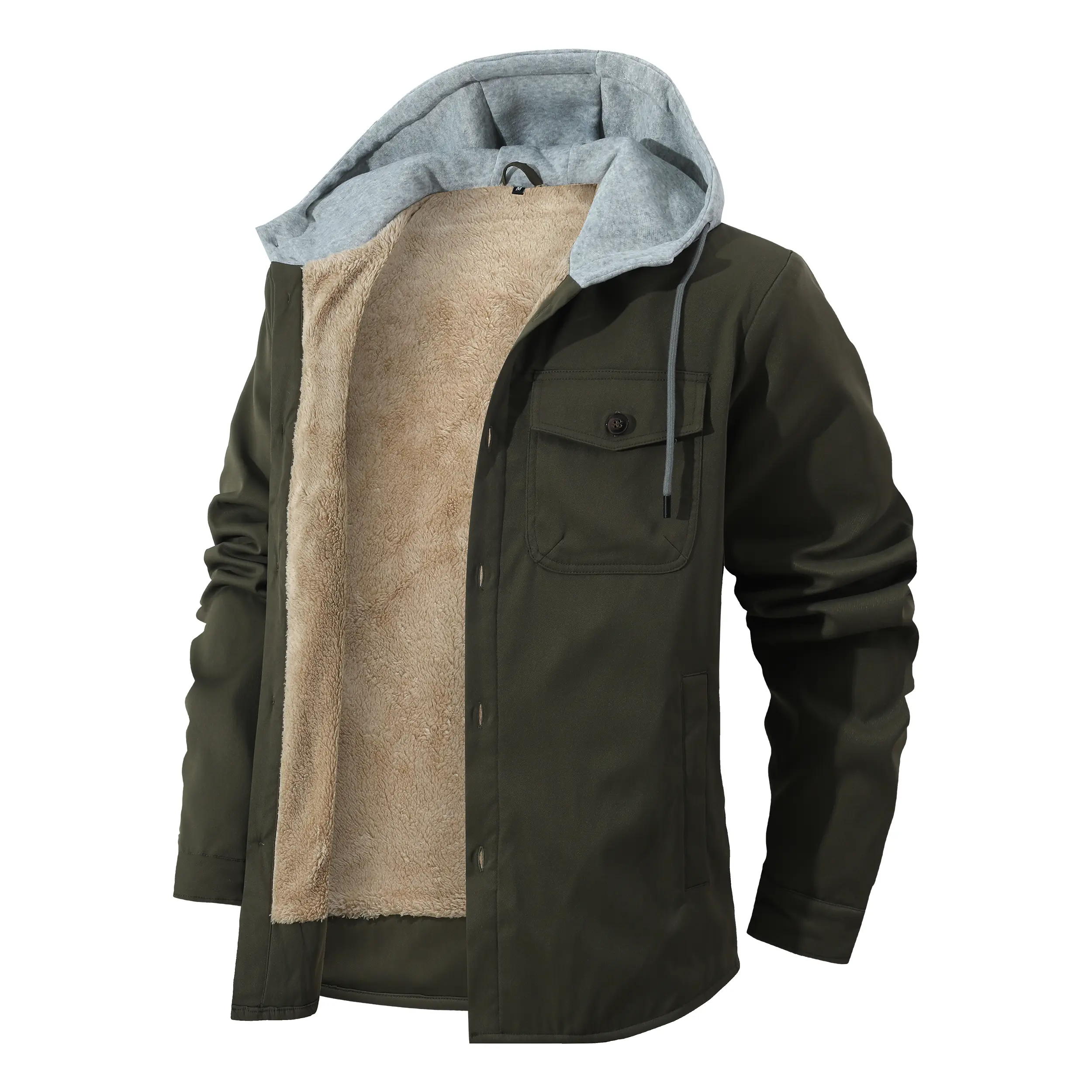 Men’s Sherpa-Lined Hooded Motorcycle Jacket, Snap-Front Biker Workwear Coat with Utility Chest Pocket, Warm Casual Outerwear