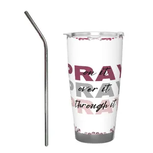 20oz Car Mug with Single Silver Rimmed Edge - with Stainless Steel Straw-Customizable option(Pray Through It Tumbler)