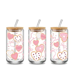 XOXO Text Heart Cookie Design 16oz Covered Straw Glass Drinking Cup, Tumbler, Reusable Glass Drinking Cup, Glass Jar Design, Suitable for Iced Coffee, Beer, Juice, Glassware. Perfect Gift for Valentine's Day, Coffee Lover, Mom, Family