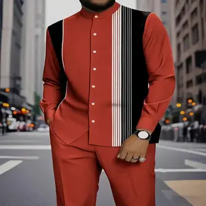 2pcs Men'S Casual Striped Long Sleeve Shirt & Pants Set - Geometric Pattern, Button-Up Collared Shirt with Black & White Stripes, Light Gray Trousers, Regular Fit,  Perfect Gift for Men, Versatile Clothing | Modern Casualwear | Slight Stret