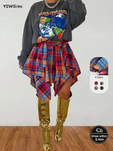 Women's Fashion MulticolorPlaid Print Asymmetrical Hem HighWaist Skirt, Back To SchoolClothes, Summer Clothes Women,Casual Comfort Elastic Waist TieredLayer Knee Length Skirt for SummerGoing out Streetwear, Galentine'sIdeas Gift,Womenswear Bottom