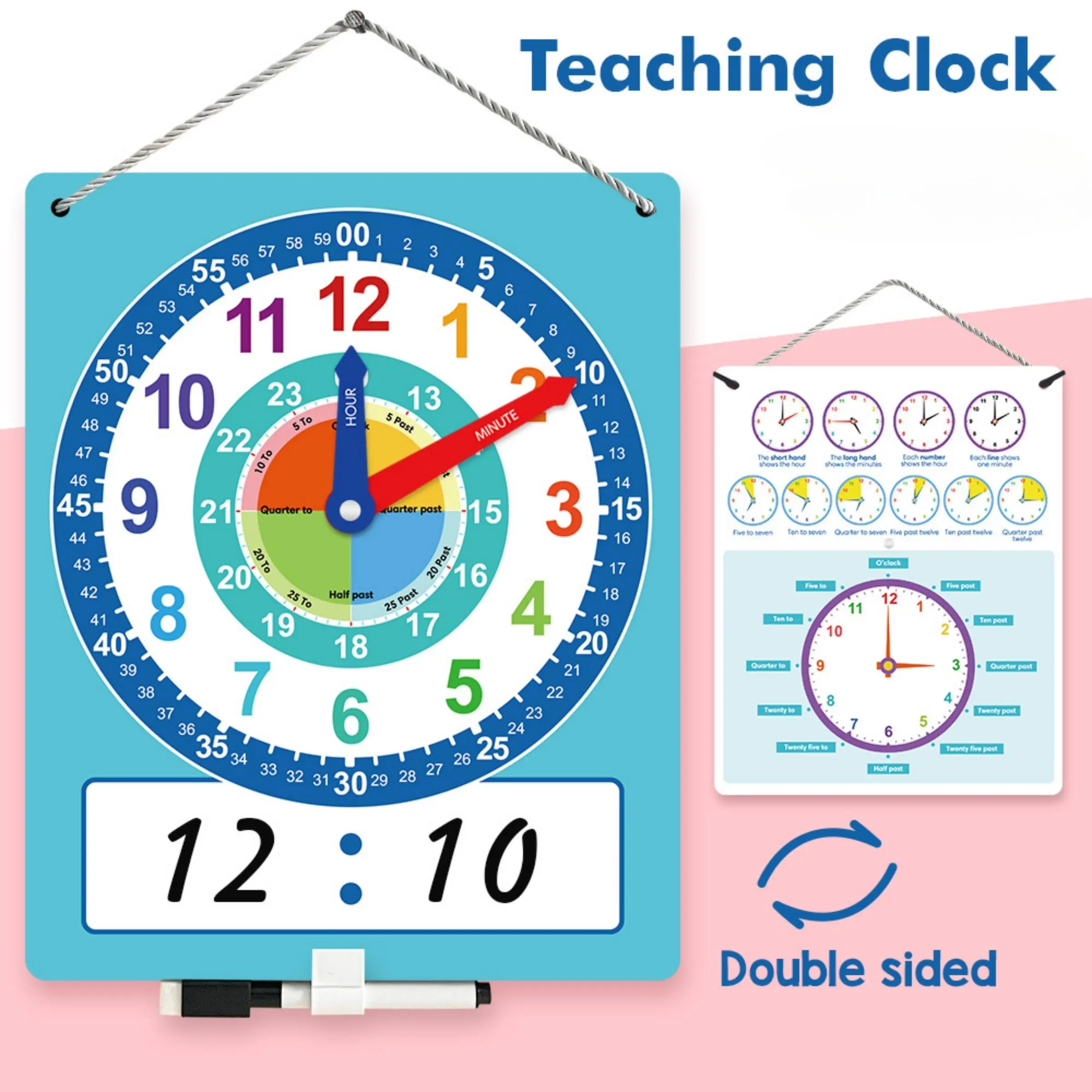 Teaching Clock Educational Tool, Clock Model with Erasable Markers, Time Recognition Learning Aid for Elementary Students, Math Learning Tools
