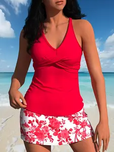 New Two Piece Skirted Swimsuit, Fashion Slimming Bathing Suit,Twist Front V-Neck Racerback Tankini Set | Geometric Print Skirted Bottom Tummy Control Beach Swimwear, Navy Blue