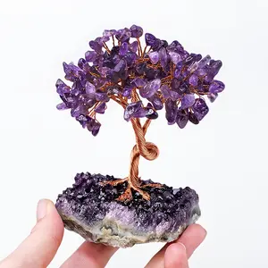 Amethyst Crystals Snes Tree Wire Wrapped on Natural Crystals Gravel with Base Home Desk Living Room Sne Decoration