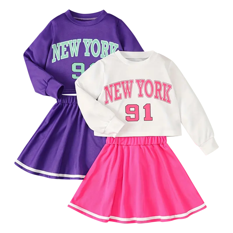 4-piece girls' autumn and winter fashion suit children's long-sleeved round neck digital printing design sweatshirt and cute pleated skirt suit Matching Outfit Set Matching Outfits Set