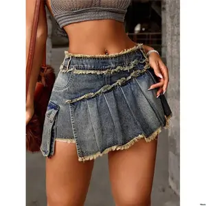 tiktokICONWomen sAsymmetricalHemMiniJeanSkirtWithFrayed PleatedDetail