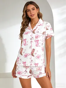 Sweet Girl White Western Cowboy Shorts Pajama Set for Women, Button Down Short Sleeve, Spring Summer Casual Loungewear, Cowboy Print, Loose Fit Homewear