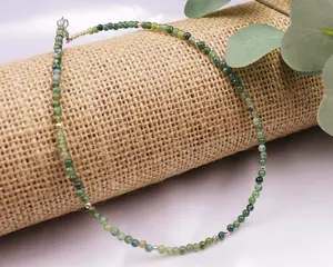 Moss Agate 3mm Round Beaded Choker, Bracelet, Natural Green Gemstones