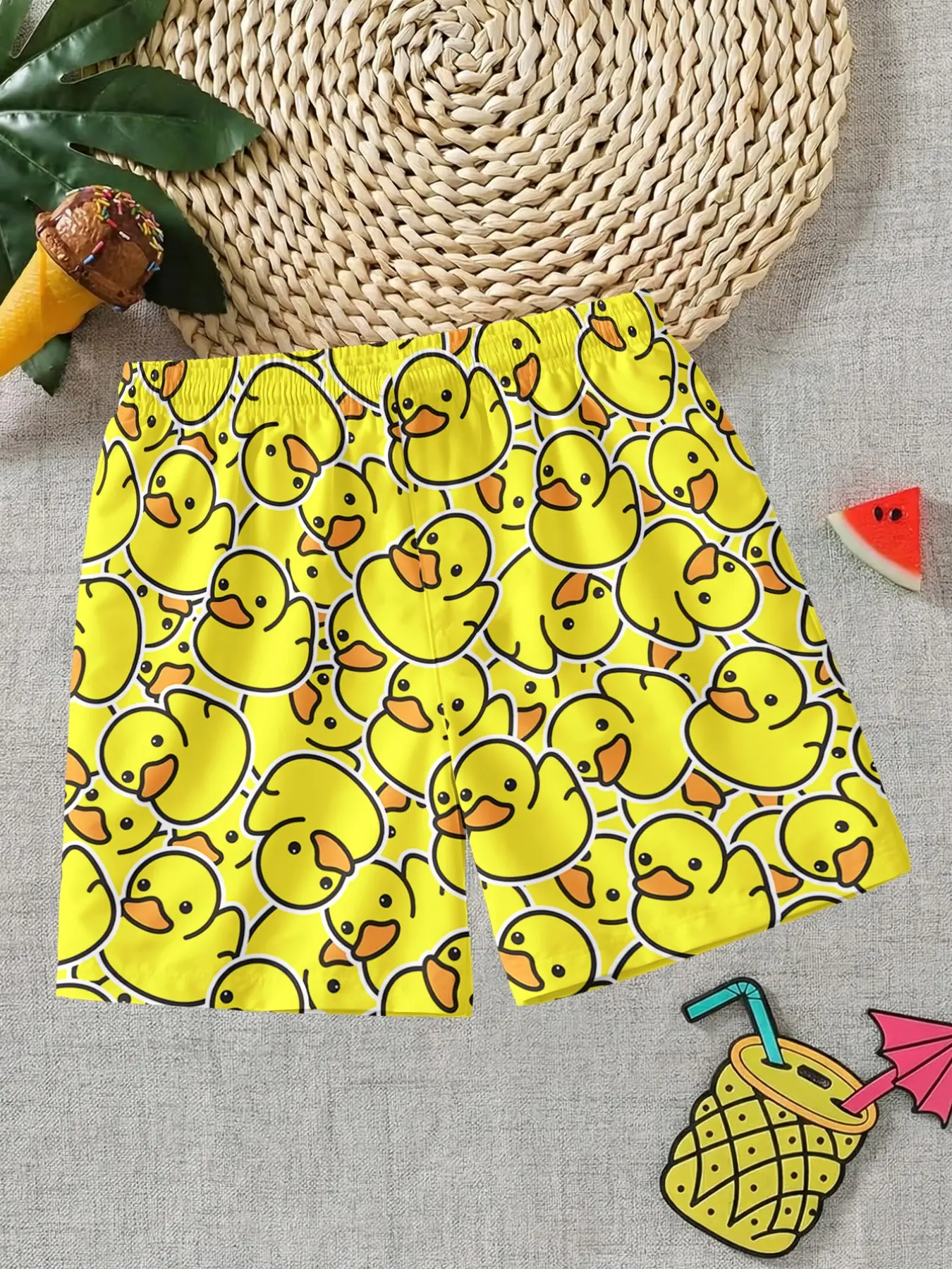 Duck Print Shorts, Boys' Quick-Dry Beach Trunks, Youth Swim Trunks, Swim Bottoms, Cool Duck Pattern Elastic Waist Casual Shorts, Breathable Summer Clothing, Casual Summer Swimwear, Swimming