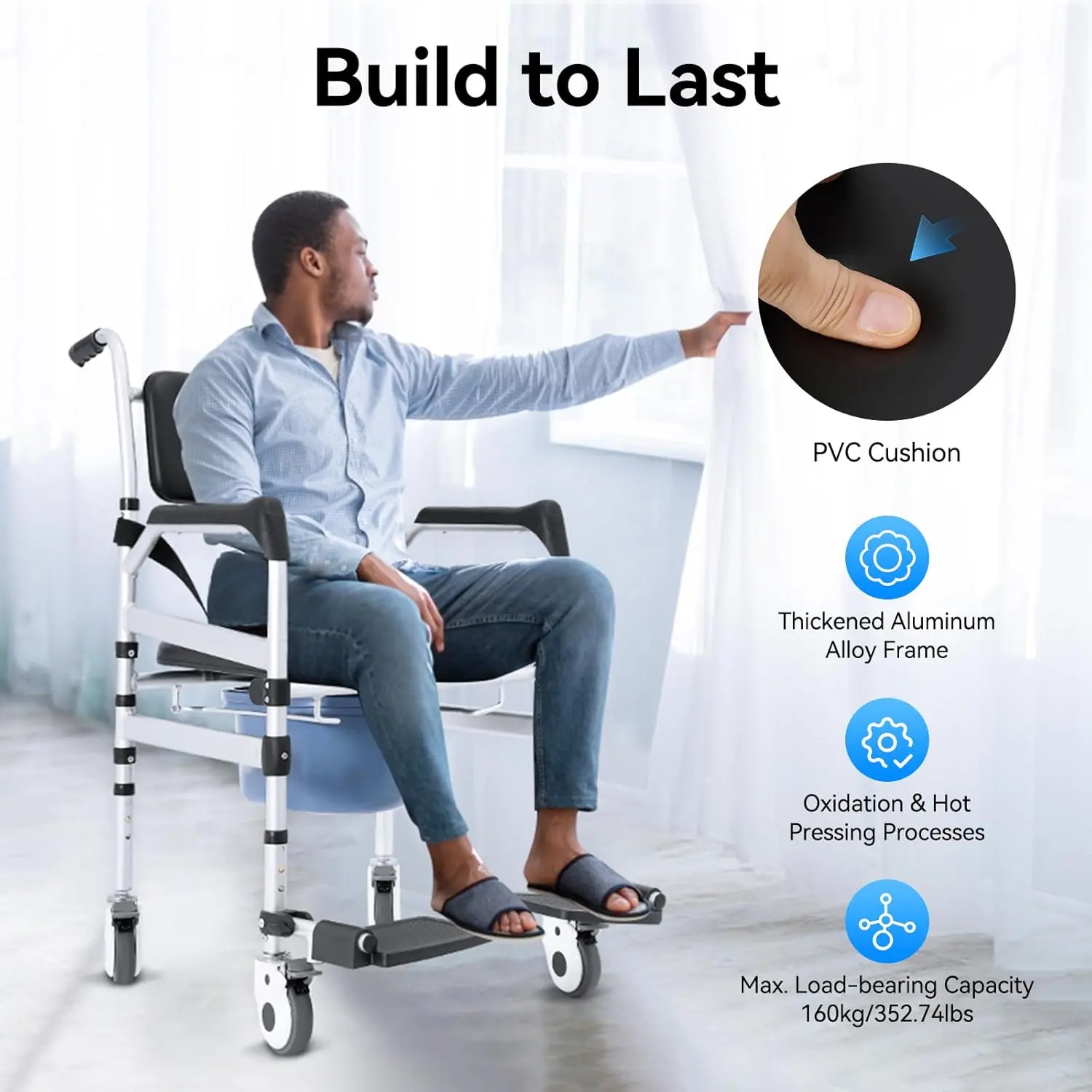 Freestanding Foldable Shower Chair, PVC-Aluminum Alloy Black Silver, 160kg Load, Height-Adjustable Anti-Slip, Unisex for Elderly, Pregnant, with 1 Bidet & 1 Cushion, Safe Comfortable for Home, Hotels