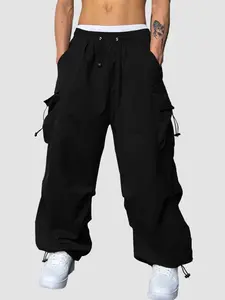 Men's Solid Pocket Drawstring Baggy Cuffed Cargo Pants, Loose Casual Street Parachute Pants for Daily Wear, Men's Bottoms for All Seasons