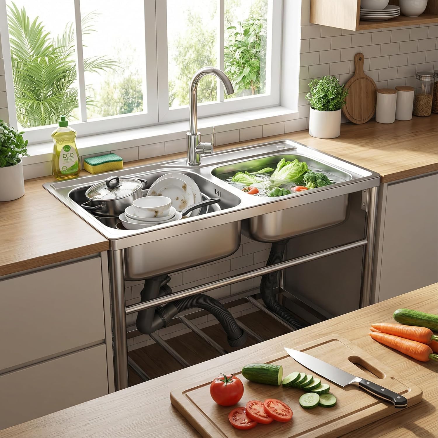 Freestanding Double Bowl Sink, 31.5" x 16.9" x 29.5" Stainless Steel Kitchen Sink, Outdoor Utility Sink with Hot Cold Faucet, Ideal for Restaurant, Kitchen, Laundry, Garage