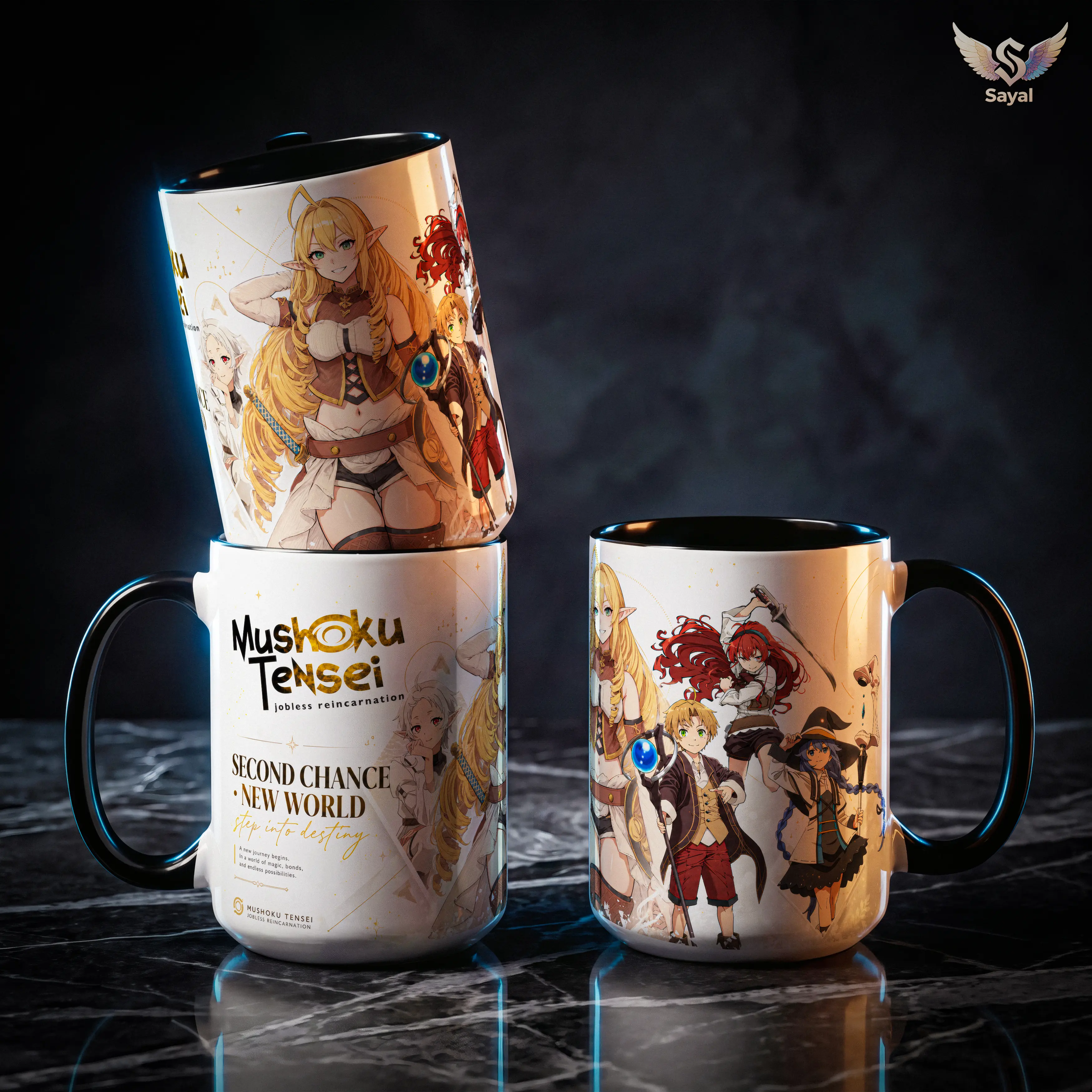 Mushoku Tensei Rudeus Roxy Sylphiette Eris Elinalise Jobless Reincarnation 15oz 11oz Ceramic Coffee Mug Black Handle Art Of Balance Anime Merch For Fans Classic Deer Drink Drinkware Glossy Printed Aesthetic