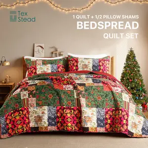 Patchwork Quilt Set  2/3 Piece Soft Floral Boho Bedspread, Reversible Plaid Printed Pattern Coverlet Set, Lightweight All Season Bedding with Pillow Shams for Bedroom Decor