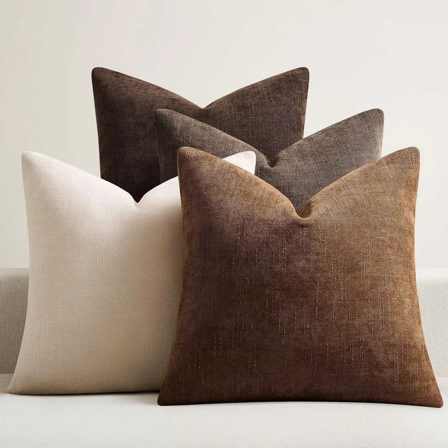4Pcs Throw Pillow Covers 18x18 Inch / 20x20 Inch Chenille Textured Neutral Brown Soft Pillow Covers Solid Decorative Farmhouse Cushion Covers Home Boho Western Decor for Couch Sofa Bed Living Room