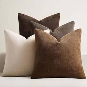 4Pcs Throw Pillow Covers 18x18 Inch Chenille Textured Neutral Brown Soft Pillow Covers Solid Decorative Farmhouse Cushion Covers Home Boho Western Decor for Couch Sofa Bed Living Room