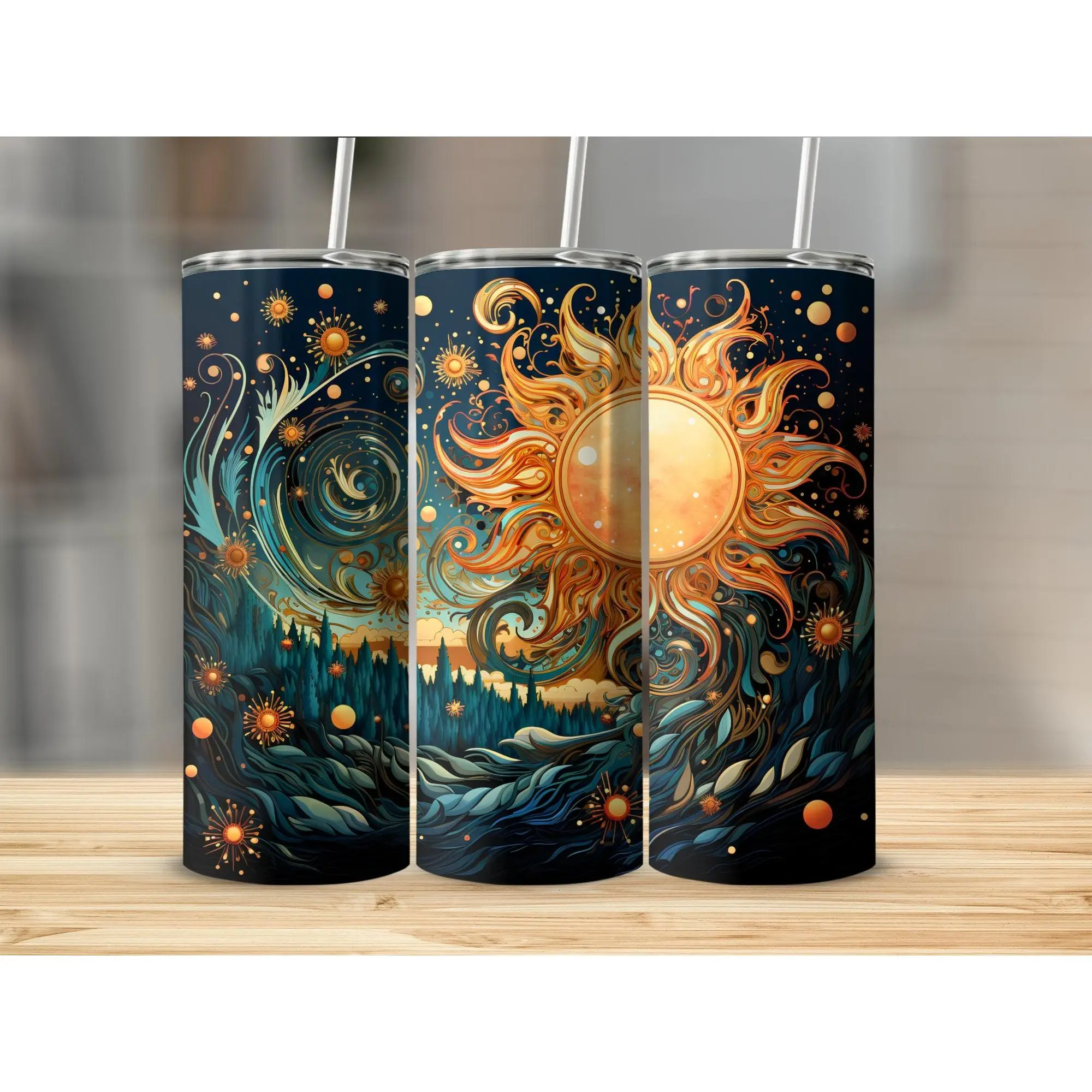 20oz Artistic Sun and Swirling Sky Landscape Design Tumbler Bottle Drinkware Mug Cup