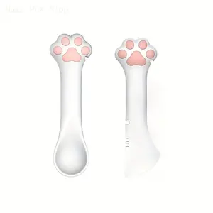 2pcs，Pet Can Opener with Mini Spatula - Cat Food Spoon - Pet Food Can Spoon & Scoop - Mixing Spoons - Pet Food Can Opener Spatula Scoop - For Wet Dry Canned Food Pet Supplies - Cute Paw Design Dog Cat Feeding Tool with Non-Slip Handle - Dishwasher Safe