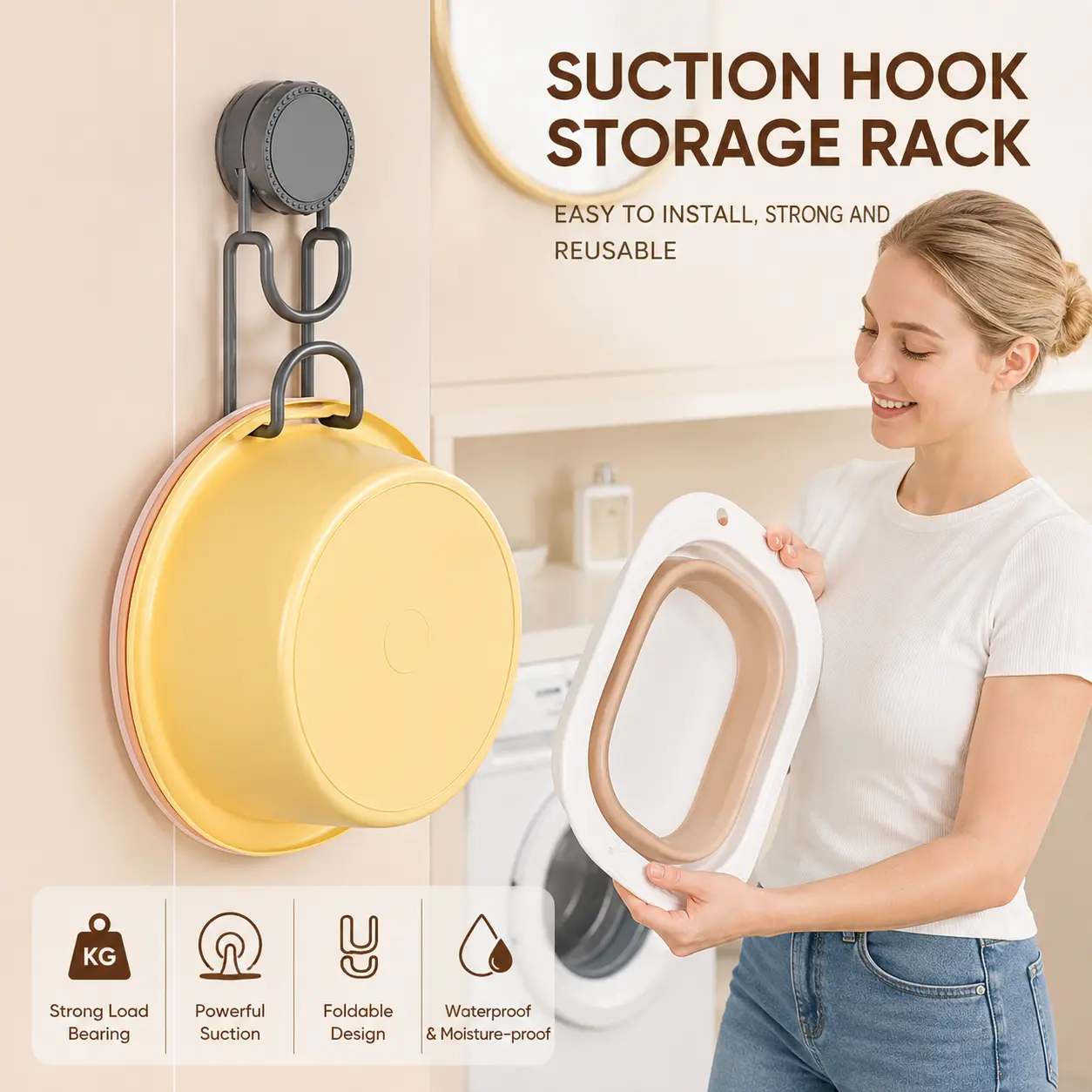 1 Count, Suction Cup Washbasin Hanger Hook, ABS Twist Lock No-drill Wall Mounted Hanger for Bathroom Kitchen Space Saving Storage for Various Basin Types