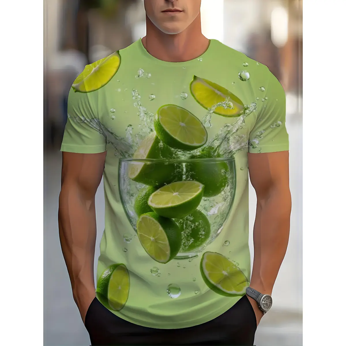 Men's Casual Round Neck Shortsleeve T-Shirt - Vibrant 3D Lime Slice Print, Polyester Top for Summer Wear, Graphic Tees With Bold Colored Prints, Casual Tee, Colorful Look, Relaxed Cut
