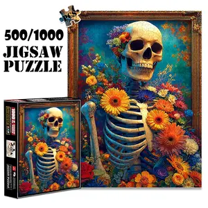 1pc 1000 piece adult puzzle 70x50cm Skeleton Surrounded by Colorful Flowers in Ornate Frame 500 pieces paper jigsaw puzzle suitable for DIY creative games for adults and families, birthday and holida