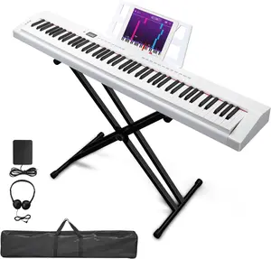Glarry 88 Key Piano Keyboard Semi-Weighted Electric Piano, Portable Keyboard Piano with Stable Piano Stand, Portable Carry Bag, 2 Headphone Jacks, Bluetooth, MIDI, 200 Rhythms and 200 Tones(White)