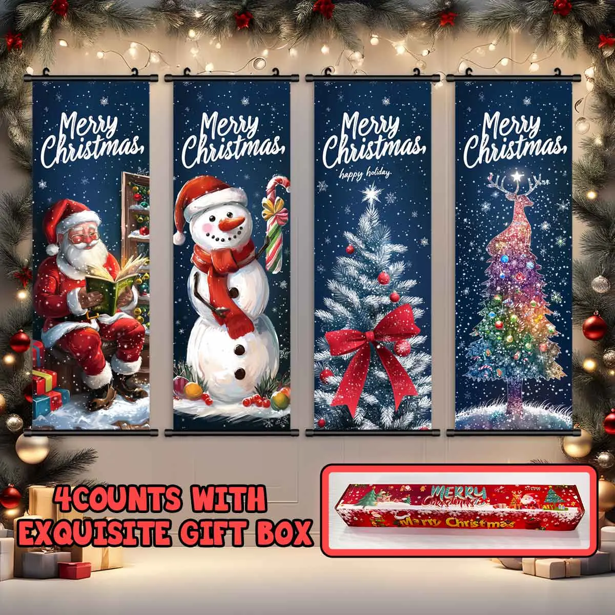 4-Piece Christmas Wall Art Set, Cute Holiday-Themed Posters, Modern Home Decor, Waterproof HD Prints, Gift Box Packaging