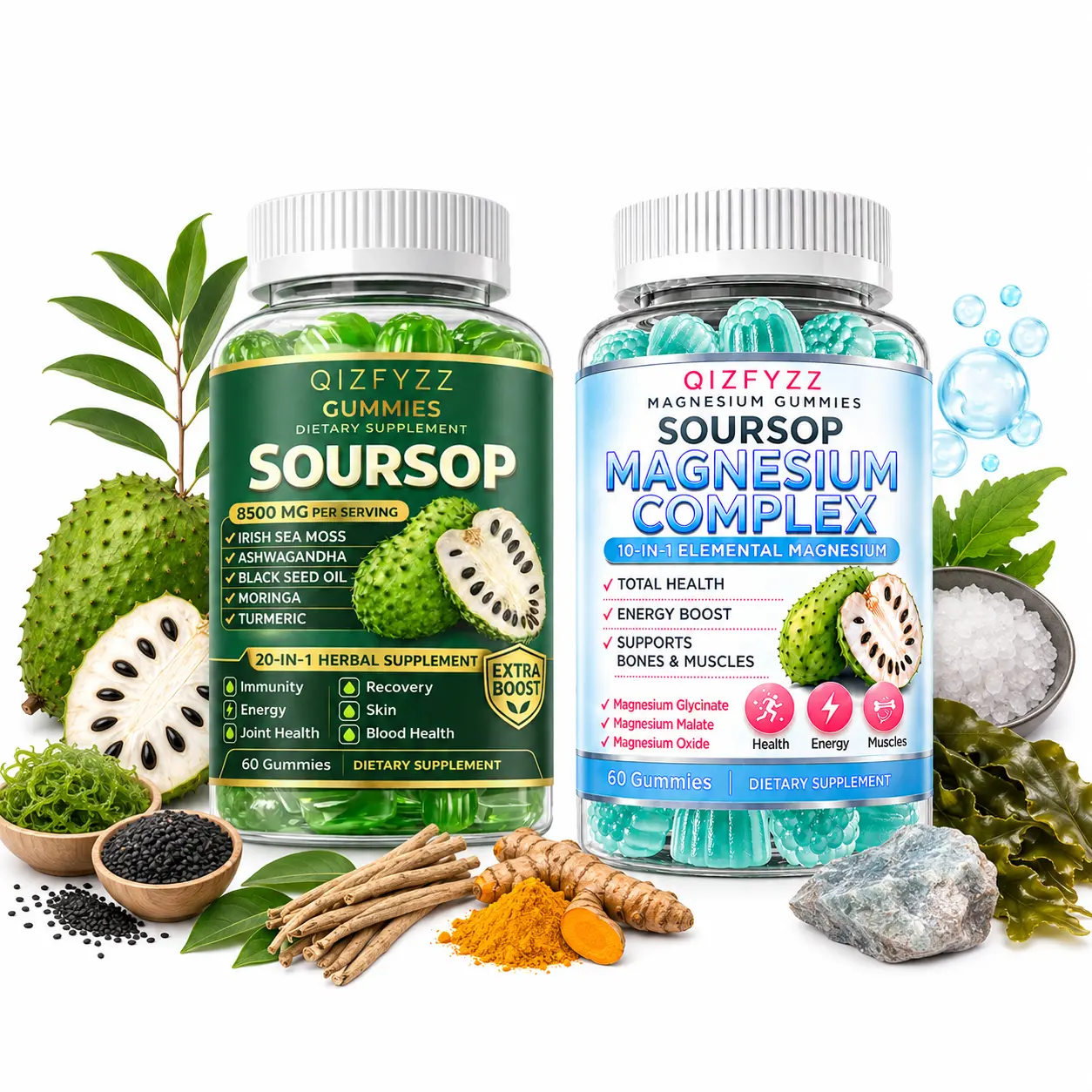 Soursop Herbal Gummies + Magnesium Complex Gummies Bundle, 20-in-1 Herbal Blend & 10-in-1 Magnesium Formula, Daily Wellness Support, Mixed Fruit Flavor, 60 Gummies Each