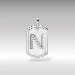 White Gold Initial "N" Dog Tag Pendant With Diamonds
