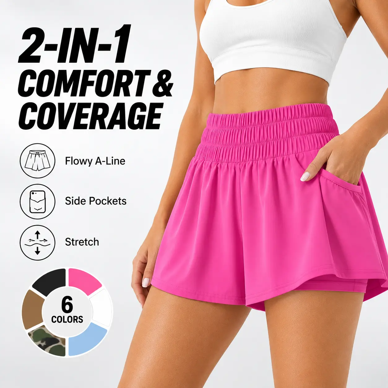 FireSwan Athletic Shorts for Women High Waisted Elastic Running Shorts Gym Workout Flowy Shorts with Pockets# sohochic