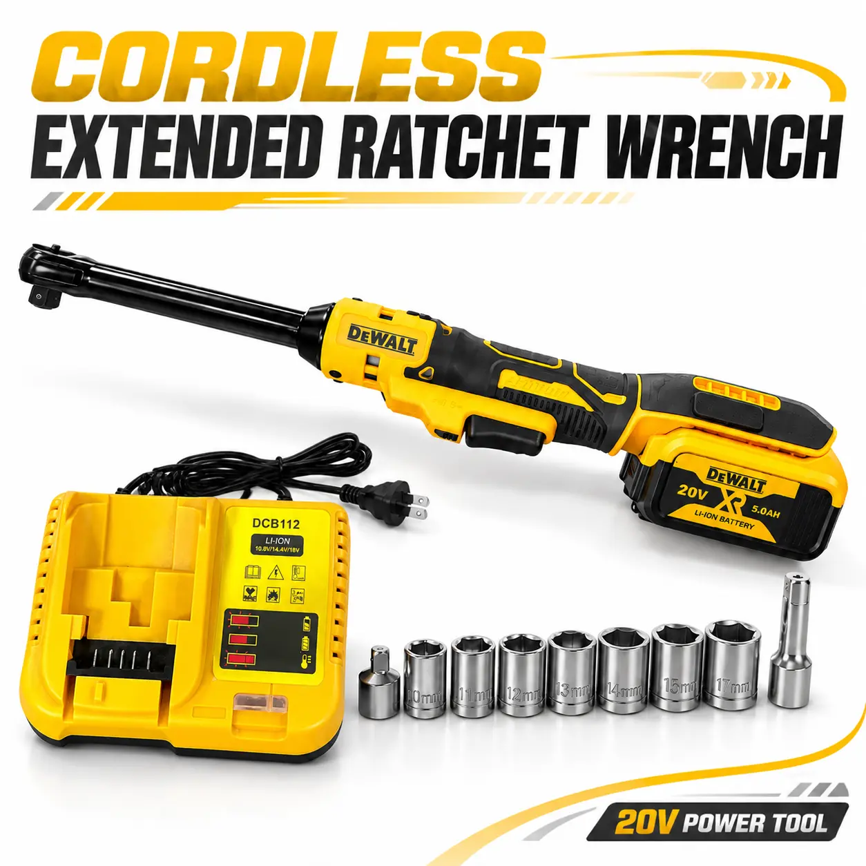 DEWALT 20V MAX Cordless Ratchet Wrench Kit, Extended Reach Electric Ratchet for Fast Bolt Tightening and Removal, Durable Metal Head, High Torque Performance, Ergonomic Grip, Long Neck Power Tool for Auto Repair and Garage Maintenance