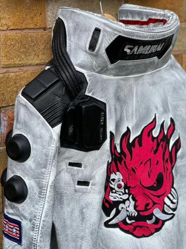 OX and Bulls Handmade Off White V's Jacket 2077 Cyberpunk Inspired Vegan Leather Cosplay Costume for Men Autumn Wear with Samurai Skull Design