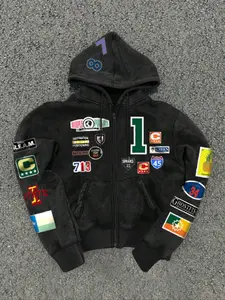 TikTok Viral Patchwork, Geometric, Graphic Zip-Up Hoodie, Sweatshirts – Black, Oversized, Streetwear Essential for Y2K & Retro Aesthetic, Perfect for Bold Casual Outfits with Mixed Logo Details, Trendy Looks Inspired by Vintage Racing