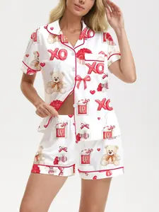 Valentine's Day Bear & Flower Women's Pajama Set, Short Sleeve Button-Up Top, Elastic Shorts, Casual Home Wear, All Seasons