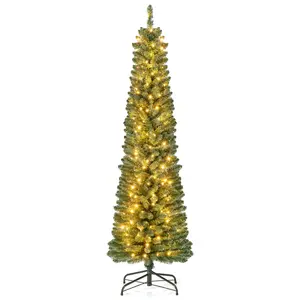 COSTWAY - Pencil Christmas Tree with Memory Wire Branch Tips and Warm  LED Lights-6FT