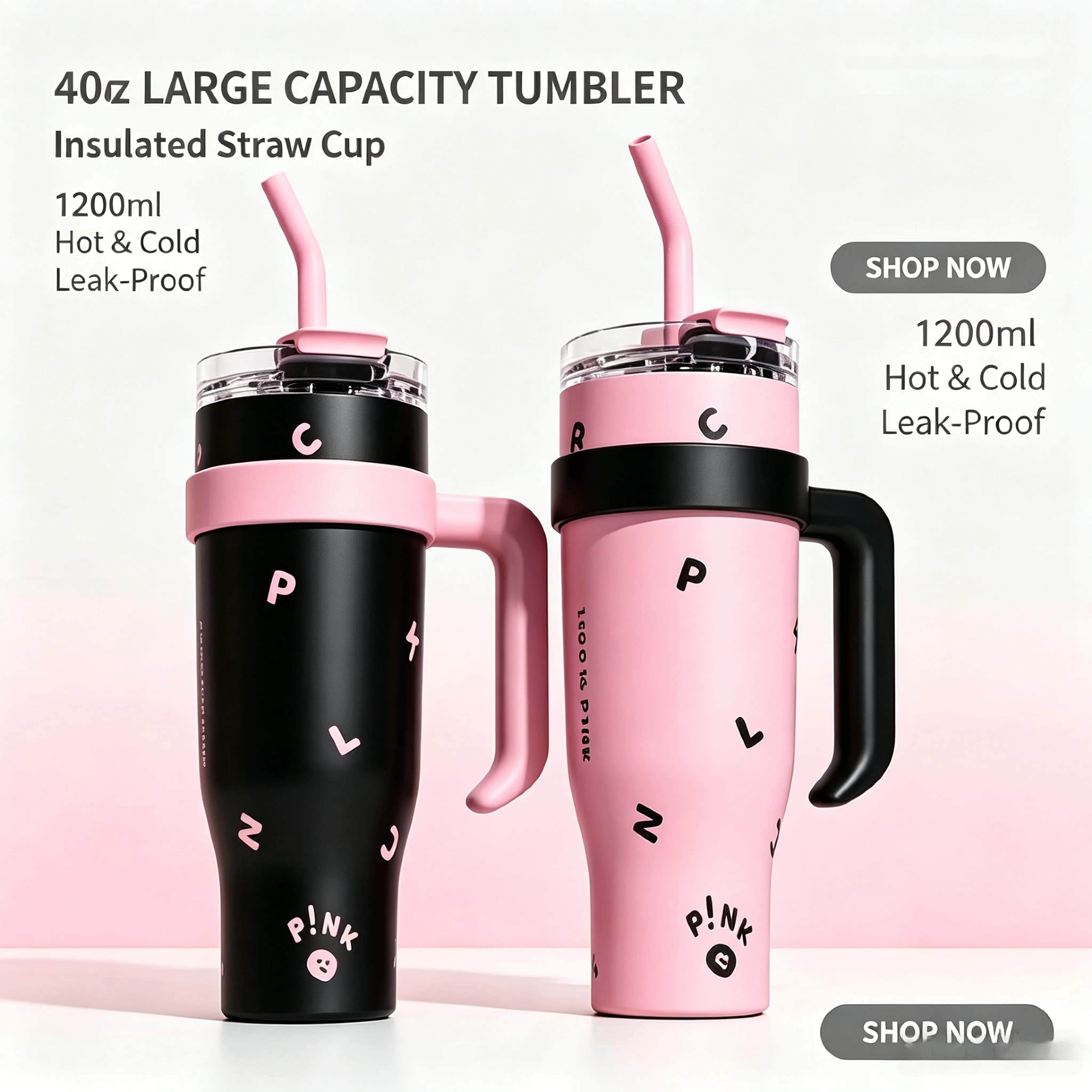 40oz (1200ml) Stainless Steel Tumbler with Handle and Straw, Leak-Proof Insulated Travel Mug, Cupholder-Friendly Large Capacity Drinkware for Car, Office