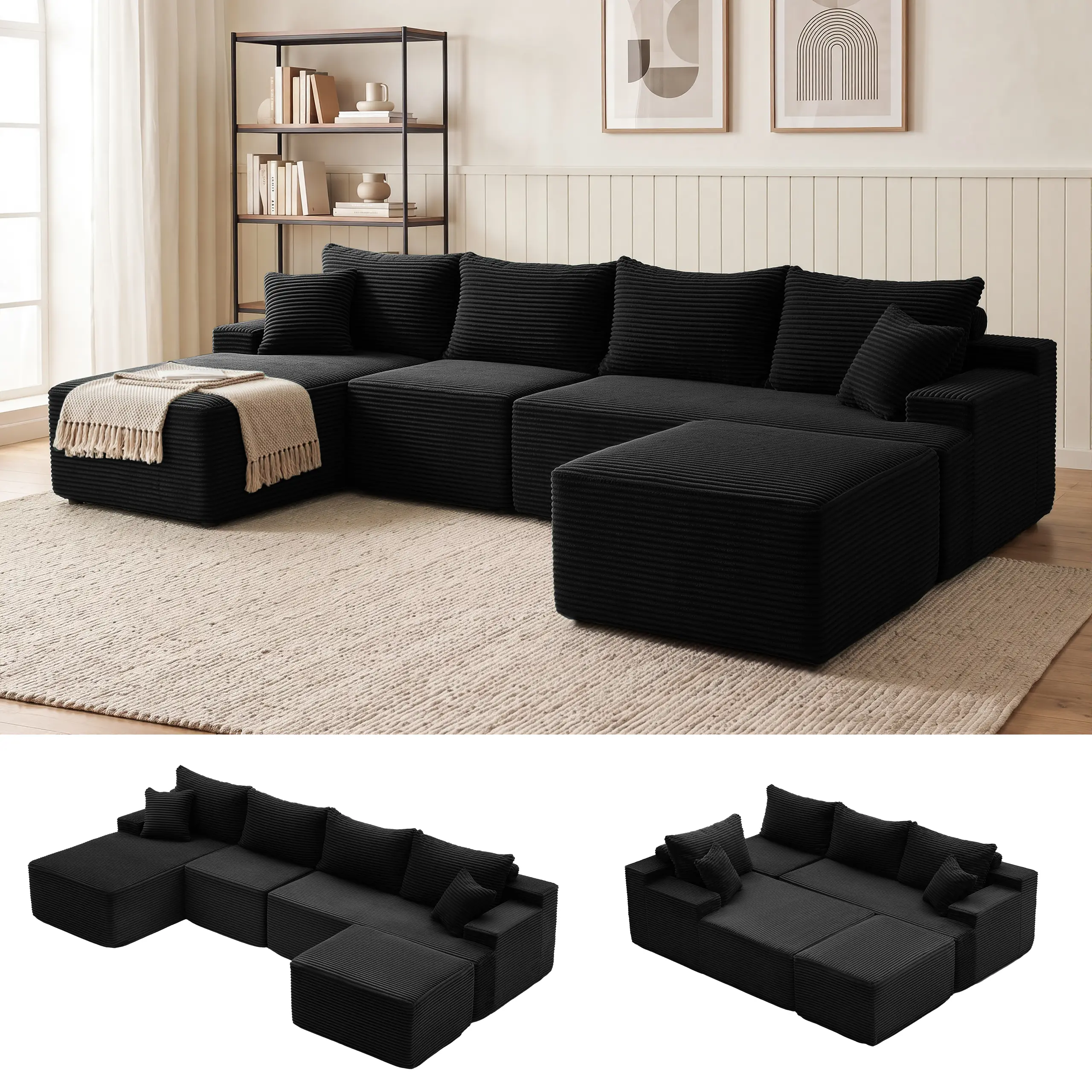 【2 packages shipping】Cloud Sectional Couch, Boneless Sofa for Living Room, Modular Sectional Sofa with Deep Seat, Fluffy Comfy Couch with L-Shaped Chaise, No Assembly Required
